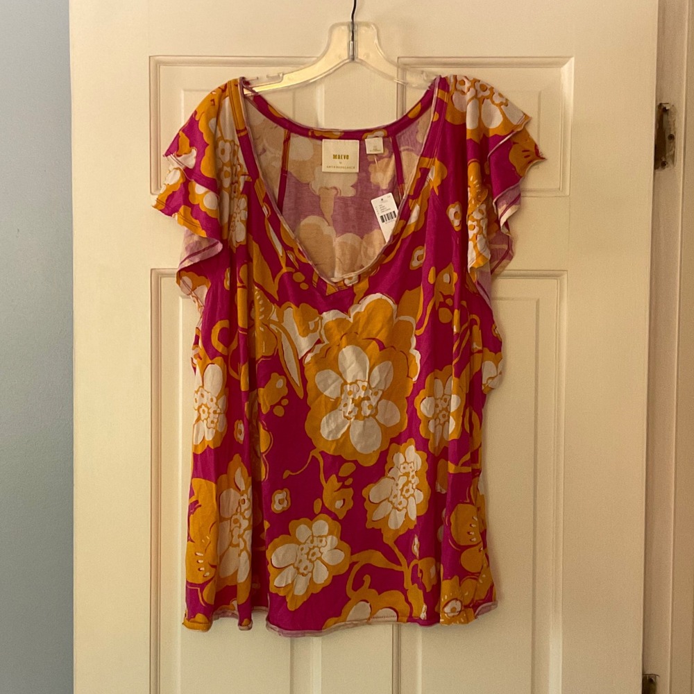 Anthropologie Maeve Floral Ruffle Sleeve V-Neck Top Pink Combo Plus Size 3X NWT